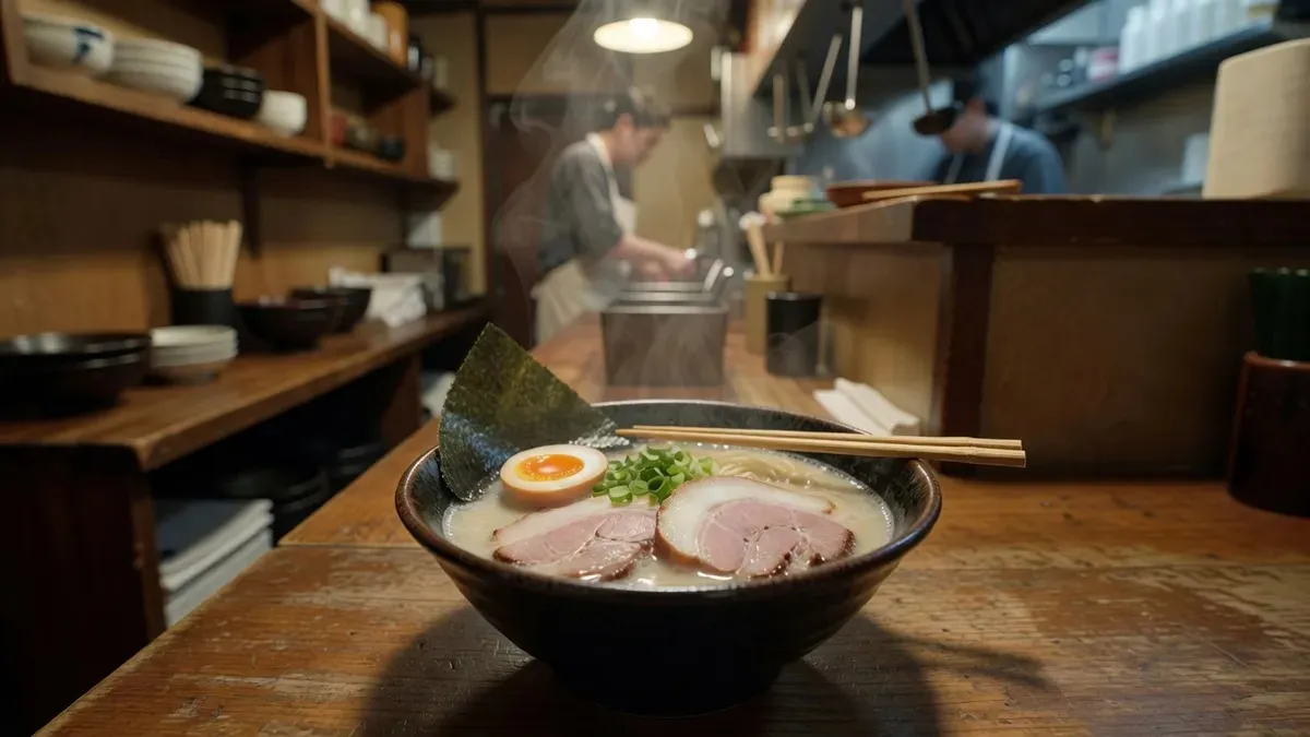 Steaming bowl of Tokyo-style shoyu ramen with chashu pork and soft-boiled egg on a wooden counter inside a small ramen shop — a classic stop on a Tokyo street food tour