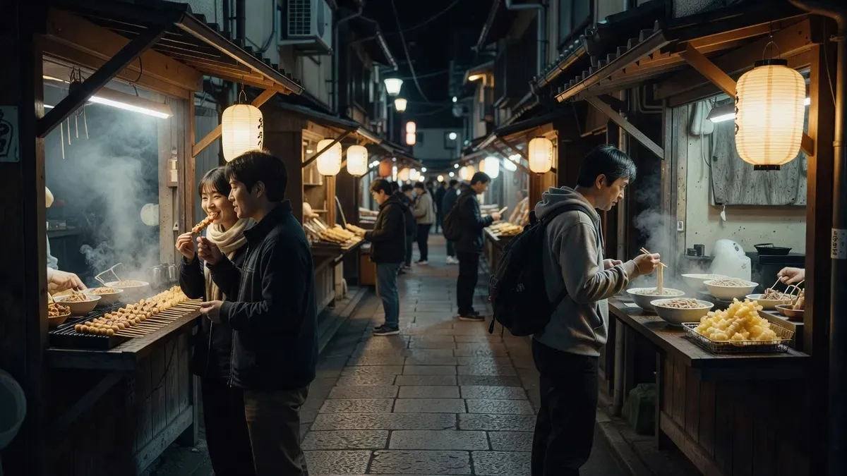 Vibrant lantern-lit Tokyo street food alley at night lined with yakitori and soba stalls — the atmosphere of a Tokyo street food tour in Shinjuku