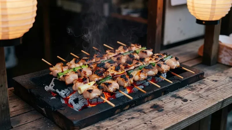 Small group of travelers tasting yakitori skewers and sashimi at a Shinjuku izakaya on a Tokyo street food tour
