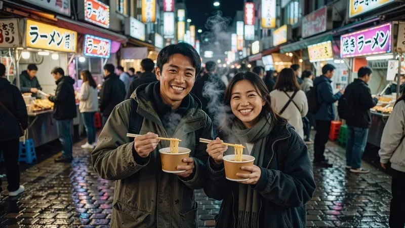 Tour group sampling sushi, gyoza and Japanese sake at hidden Shinjuku eateries on a Tokyo street food tour