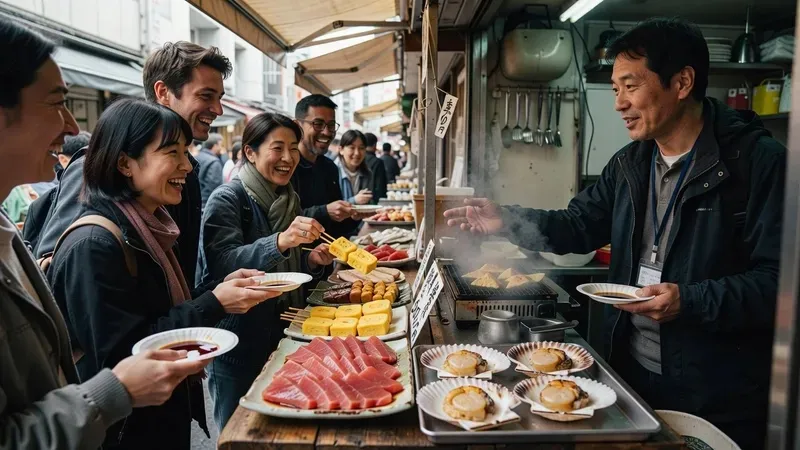 Travelers eating at a Shibuya izakaya with the illuminated Shibuya Crossing in the background on a Tokyo street food tour