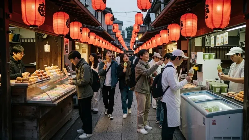 Private tour group exploring nostalgic Yanaka district streets and eating authentic street food on a private Tokyo food tour
