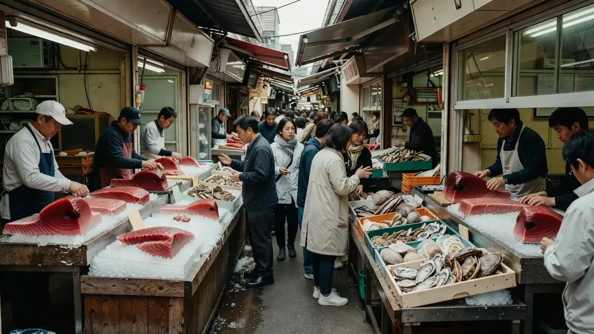 Busy Tsukiji Outer Market at dawn with vendors behind fresh tuna and shellfish displays during a guided Tokyo street food tour